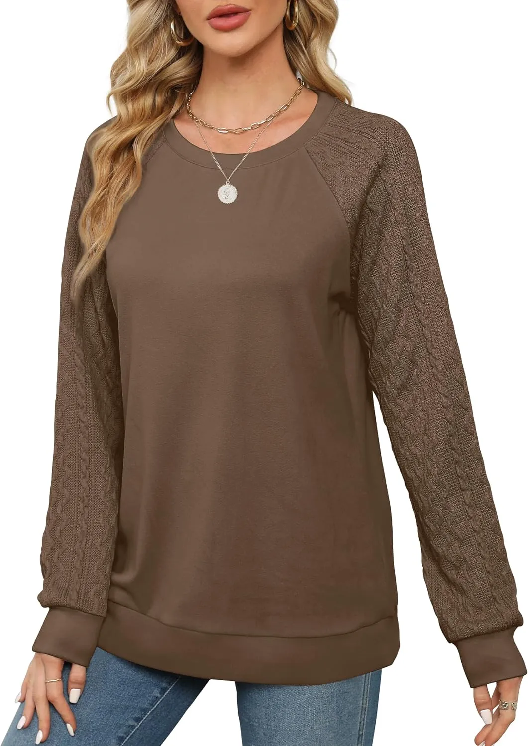 Saloogoe Sweatshirts for Women Crewneck Cable Knit Sleeve Sweaters Lightweight Fashion 2024