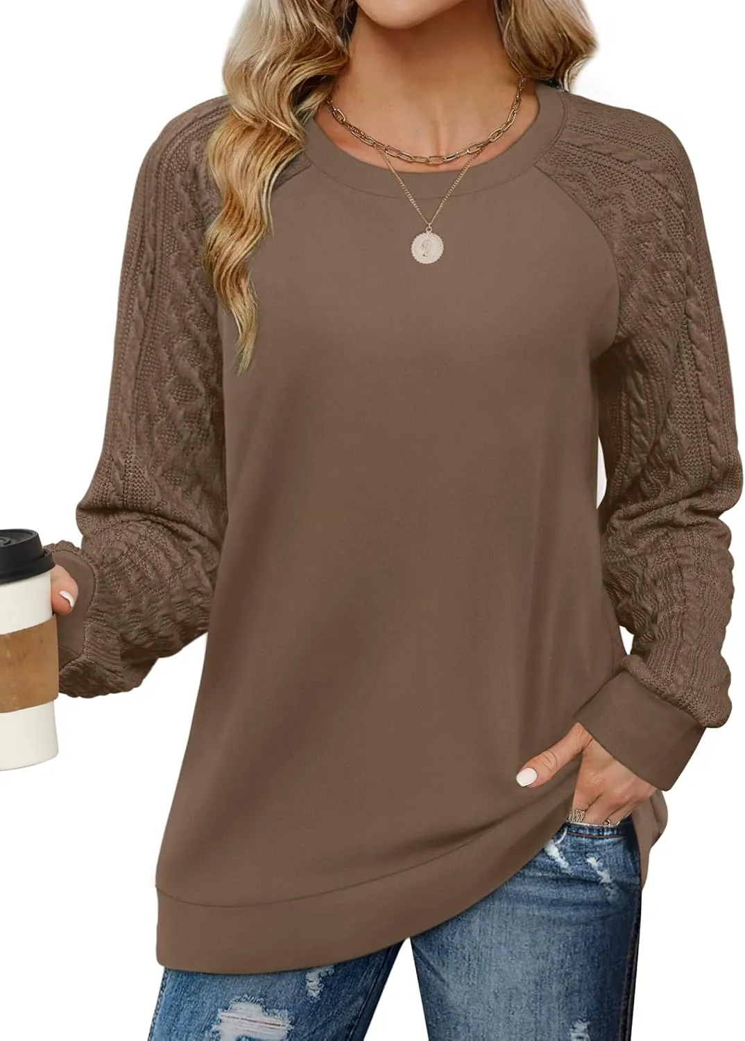 Saloogoe Sweatshirts for Women Crewneck Cable Knit Sleeve Sweaters Lightweight Fashion 2024