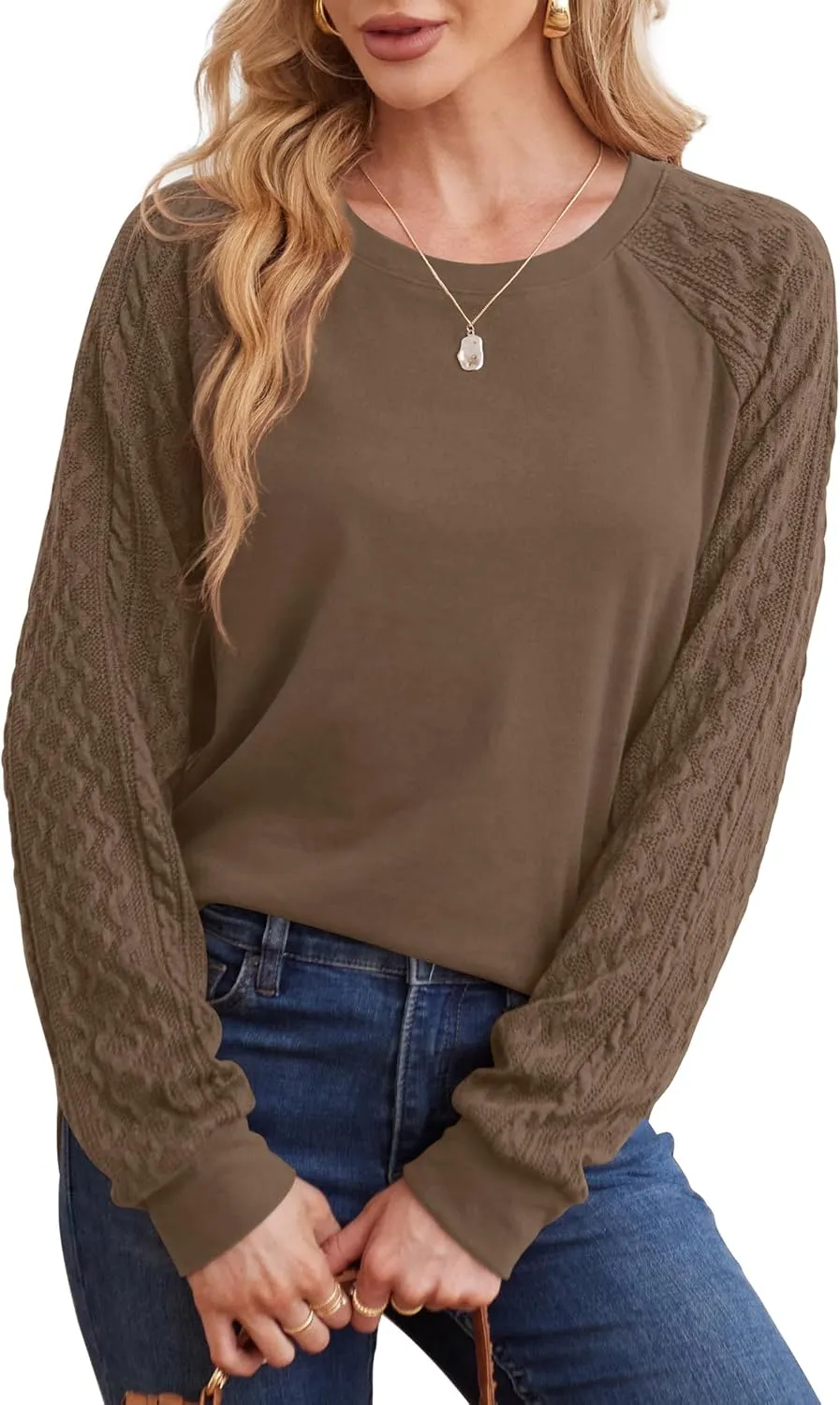 Saloogoe Sweatshirts for Women Crewneck Cable Knit Sleeve Sweaters Lightweight Fashion 2024