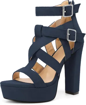 SAMMITOP Women's High Heel Sandals Chunky Block Platform Heels Strappy Gladiator Sexy Open Toe Ankle Strap Dressy Pumps Shoes with Back Zip 4.7 Inch