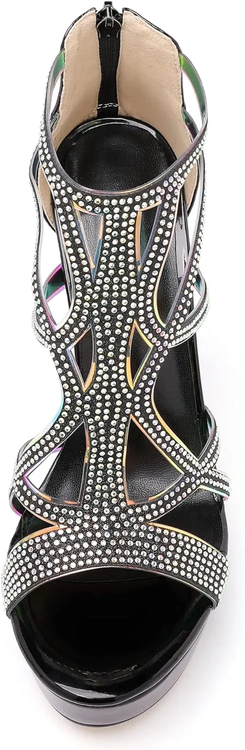 SAMMITOP Women's High Heel Sandals with Rinestones, Sexy Gladiator Platform Sandals, Open Toe Strappy Pumps shoes for Party Event Night Dress