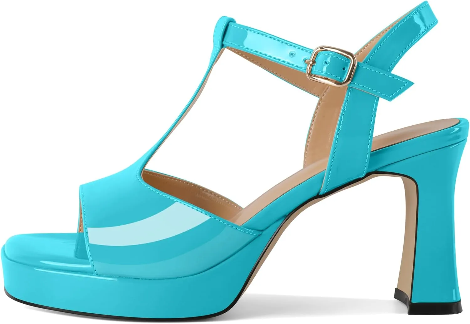 SAMMITOP Women's Platform Chunky High Heels T-Strap Sexy Sandals Open Square Toe Ankle Strap Wedding Party Prom Dress Shoes 3.5 Inch