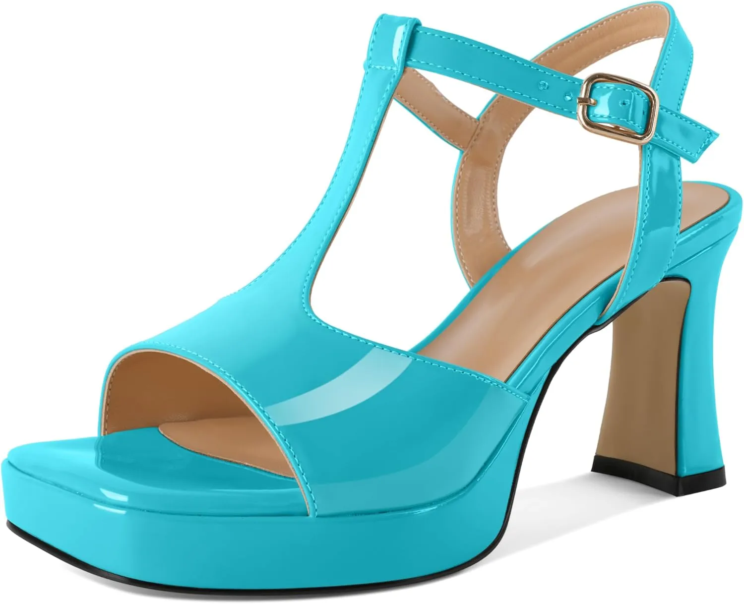 SAMMITOP Women's Platform Chunky High Heels T-Strap Sexy Sandals Open Square Toe Ankle Strap Wedding Party Prom Dress Shoes 3.5 Inch
