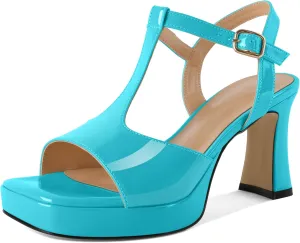 SAMMITOP Women's Platform Chunky High Heels T-Strap Sexy Sandals Open Square Toe Ankle Strap Wedding Party Prom Dress Shoes 3.5 Inch