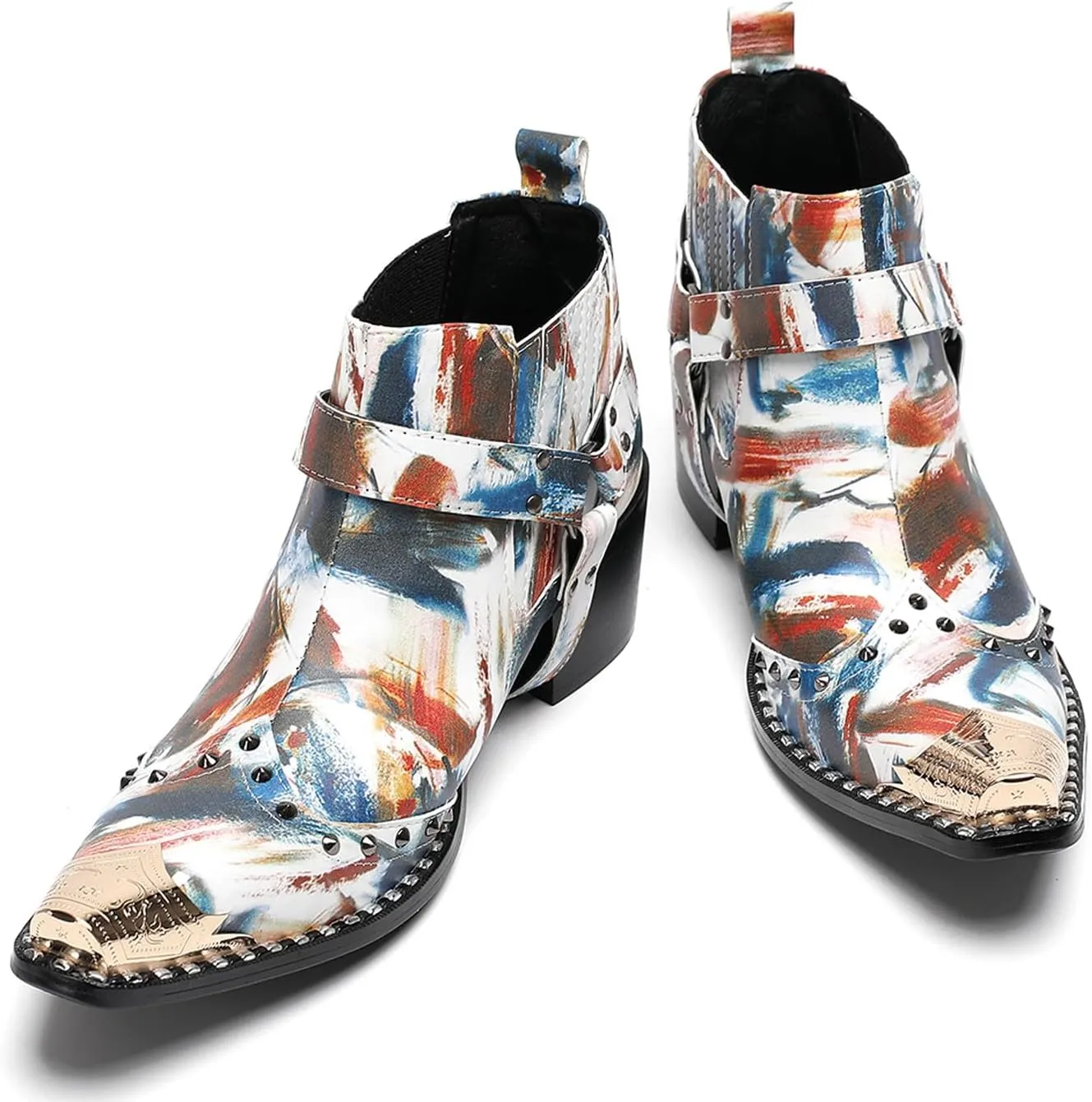 Santimon Chelsea Boots White Dress for Men Prom Casual Genuine Leather Pull Up Belt Buckle Metal Tip Ankle Boots Mens Fashion Tuxedo Wedding Ballroom Party Disco Western Cowboy Boots for Men