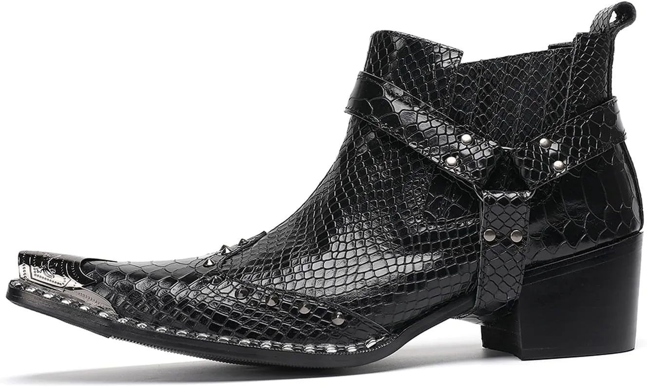Santimon Chelsea Boots White Dress for Men Prom Casual Genuine Leather Pull Up Belt Buckle Metal Tip Ankle Boots Mens Fashion Tuxedo Wedding Ballroom Party Disco Western Cowboy Boots for Men