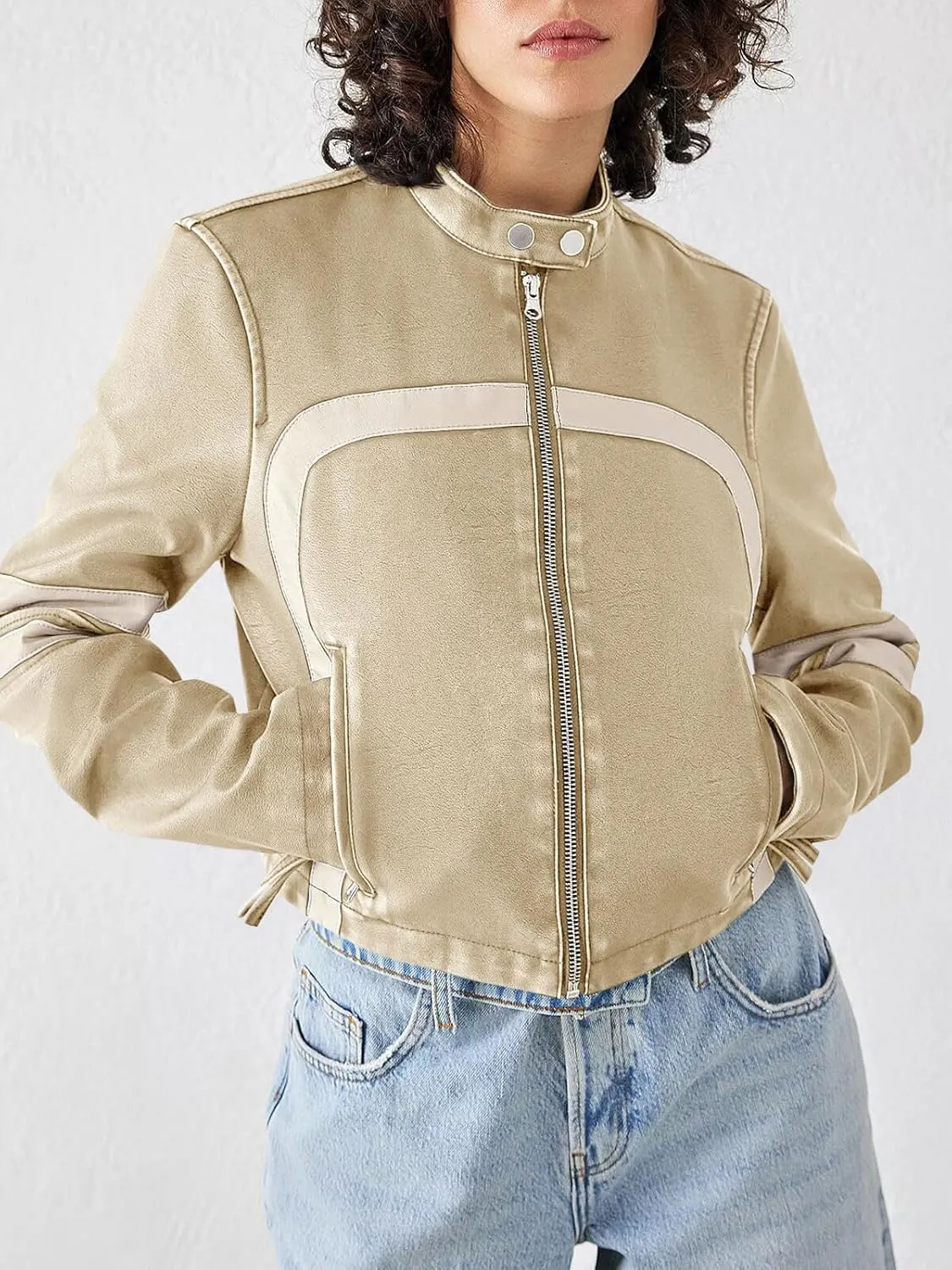 Saodimallsu Women’s Faux Leather Jackets Zip Up Stand Collar Cropped Motocross PU Coats