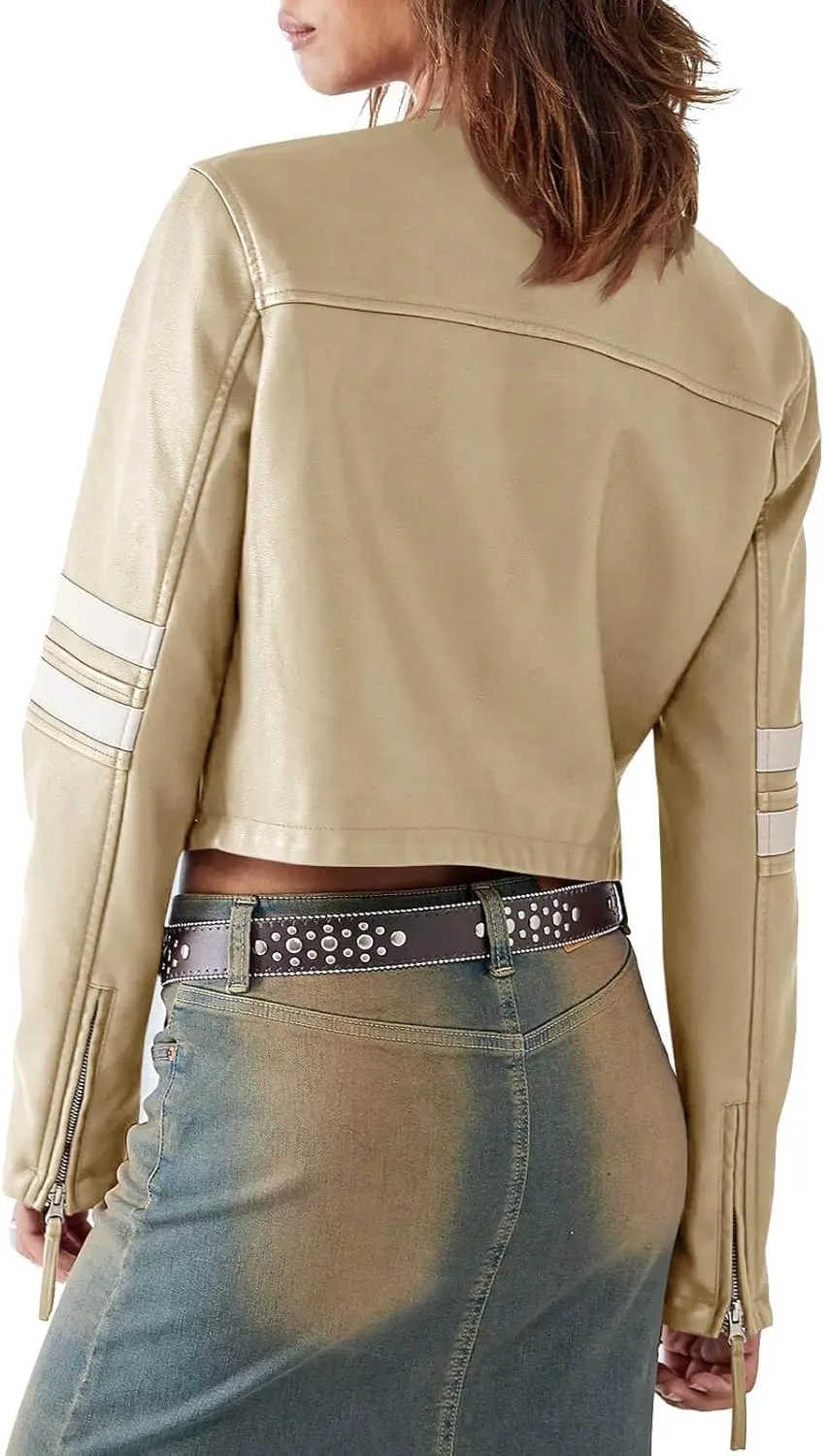 Saodimallsu Women’s Faux Leather Jackets Zip Up Stand Collar Cropped Motocross PU Coats