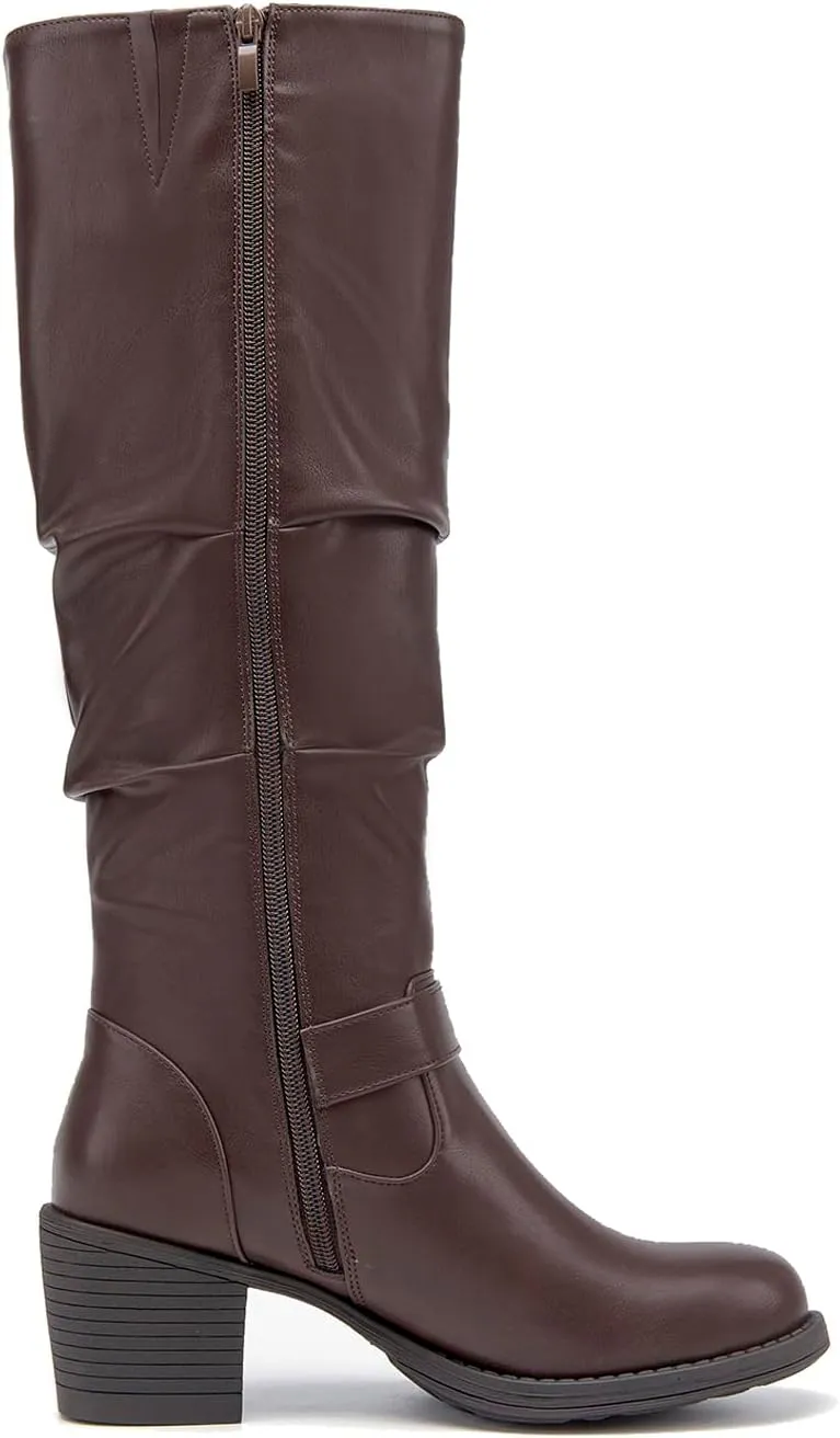 SelenePair Women's Knee High Boots Fashion Round Toe Buckle Strap Slouchy Mid Chunky Block Heel Boot