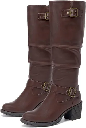SelenePair Women's Knee High Boots Fashion Round Toe Buckle Strap Slouchy Mid Chunky Block Heel Boot