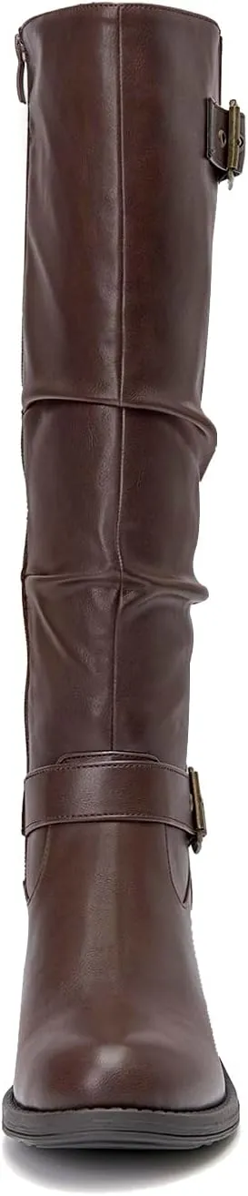 SelenePair Women's Knee High Boots Fashion Round Toe Buckle Strap Slouchy Mid Chunky Block Heel Boot