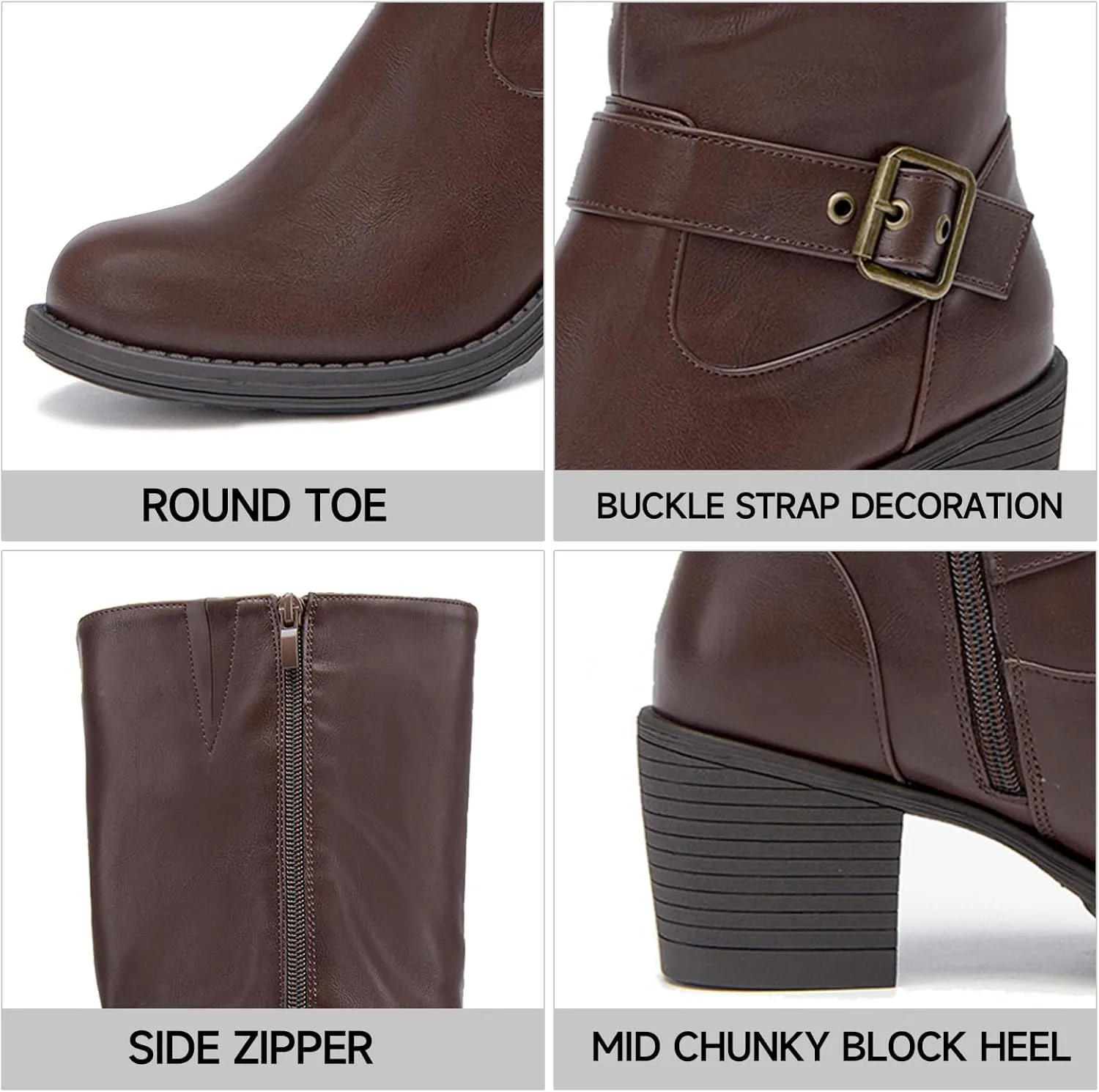 SelenePair Women's Knee High Boots Fashion Round Toe Buckle Strap Slouchy Mid Chunky Block Heel Boot
