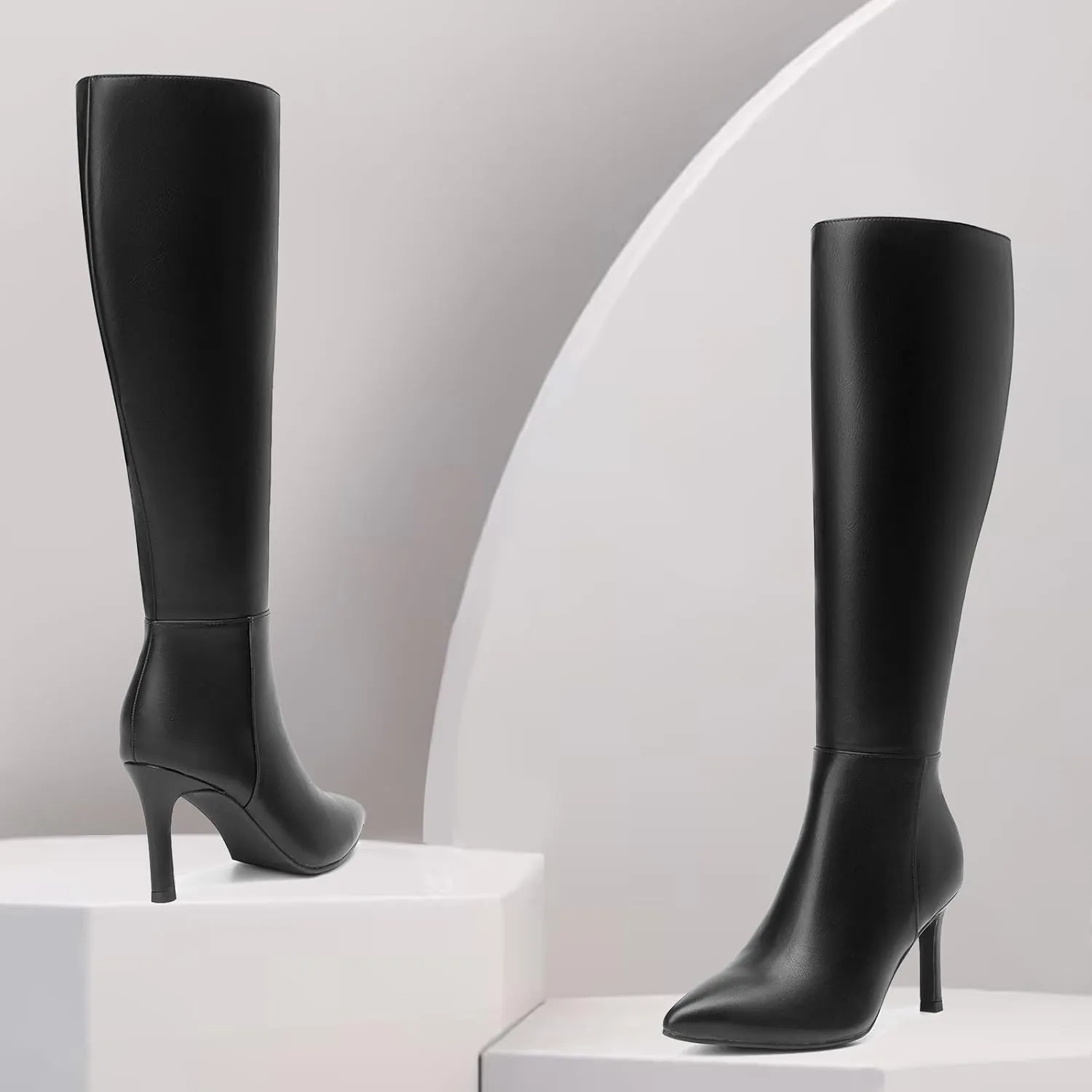 SelenePair Women's Knee High Boots Pointed Toe Stiletto High Heel Long Boots Side Zipper Dress Boots