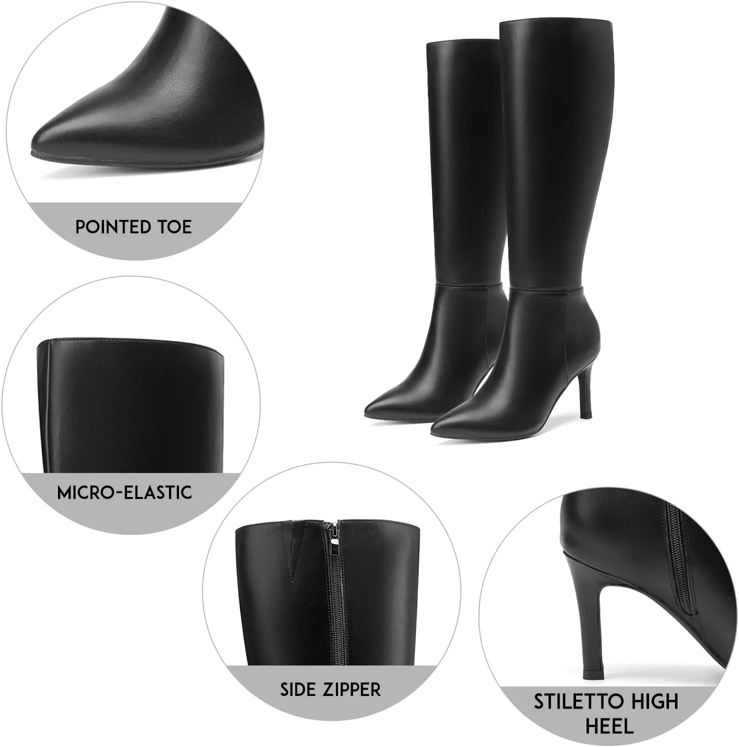 SelenePair Women's Knee High Boots Pointed Toe Stiletto High Heel Long Boots Side Zipper Dress Boots