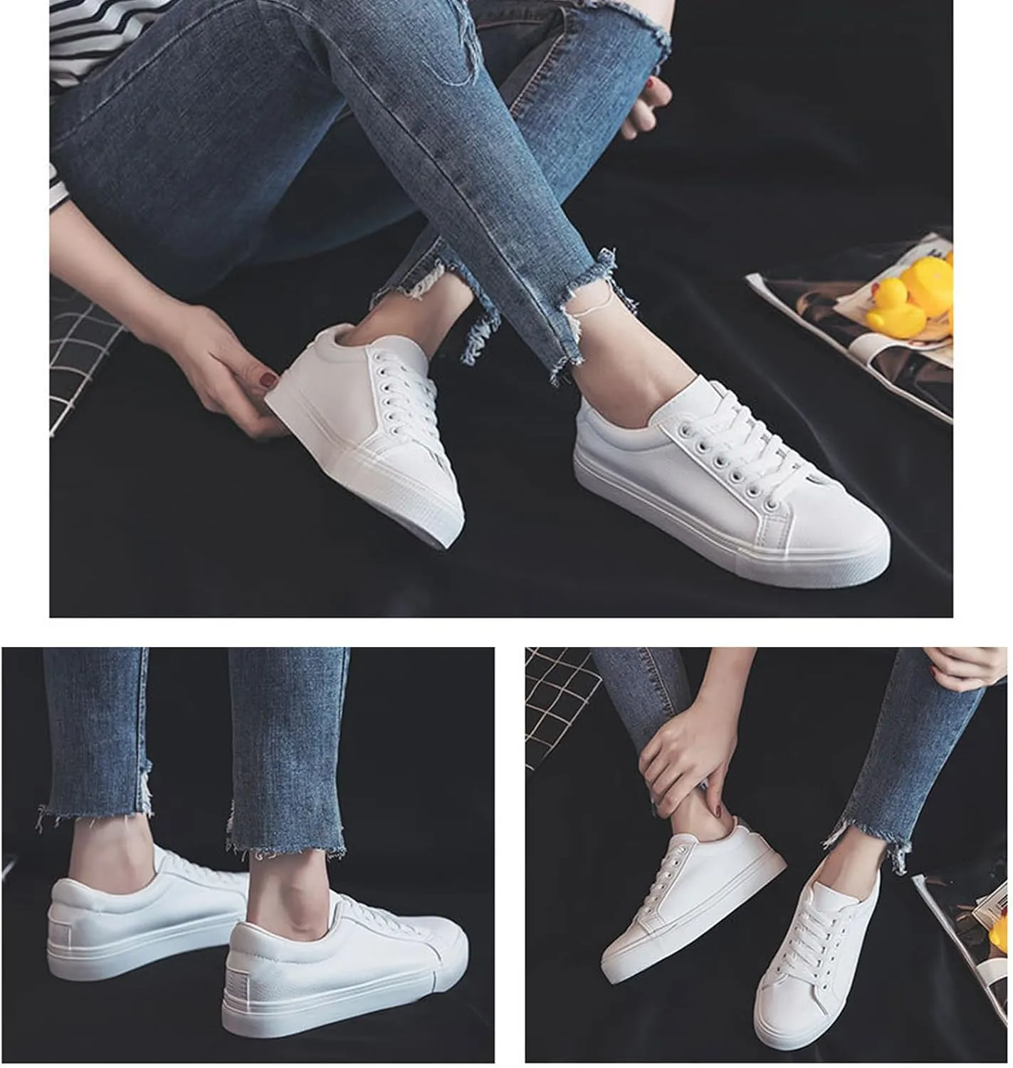 sharllen Women's Fashion PU Leather Sneakers Men's Classic Lace up Casual Walking Running Shoes Comfortable Black White Tennis Shoes