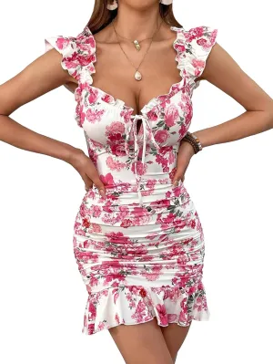 SHENHE Women's Floral Sweetheart Neck Tie Front Ruffle Trim Ruched Sleeveless Mini Dress