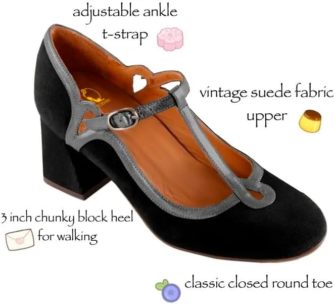 SHODENSE Women Chunky High Heel Mary Jane Shoes Ankle T-strap Round Toe Mary Jane Pumps Suede 3 inch Block Heel Dress Sandals Closed Toe Buckle Retro Wedding Party Office 4-11 M US