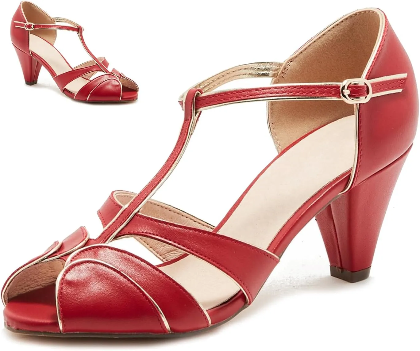 SHODENSE Women Round Open Toe Heeled Sandals Ankle T-Strap Kitten Heel Pumps Cut Out 2" Low Chunky Heel Sandal Shoes Dressy Strappy Buckle Mary Jane Heels Retro Elegant Wedding 4-11 M US