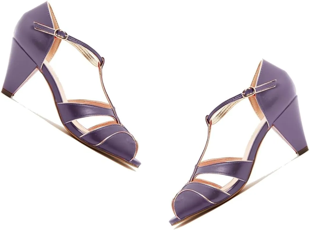 SHODENSE Women Round Open Toe Heeled Sandals Ankle T-Strap Kitten Heel Pumps Cut Out 2" Low Chunky Heel Sandal Shoes Dressy Strappy Buckle Mary Jane Heels Retro Elegant Wedding 4-11 M US