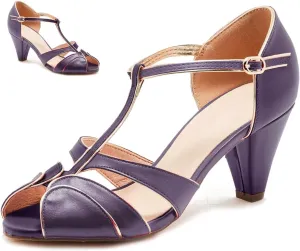 SHODENSE Women Round Open Toe Heeled Sandals Ankle T-Strap Kitten Heel Pumps Cut Out 2" Low Chunky Heel Sandal Shoes Dressy Strappy Buckle Mary Jane Heels Retro Elegant Wedding 4-11 M US