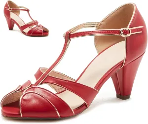 SHODENSE Women Round Open Toe Heeled Sandals Ankle T-Strap Kitten Heel Pumps Cut Out 2" Low Chunky Heel Sandal Shoes Dressy Strappy Buckle Mary Jane Heels Retro Elegant Wedding 4-11 M US