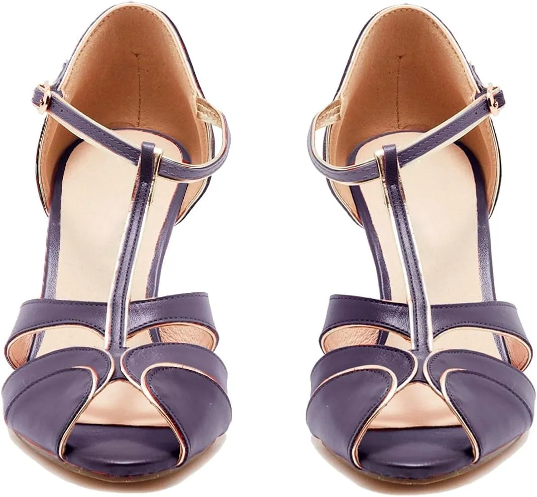 SHODENSE Women Round Open Toe Heeled Sandals Ankle T-Strap Kitten Heel Pumps Cut Out 2" Low Chunky Heel Sandal Shoes Dressy Strappy Buckle Mary Jane Heels Retro Elegant Wedding 4-11 M US