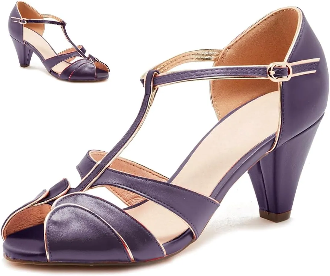 SHODENSE Women Round Open Toe Heeled Sandals Ankle T-Strap Kitten Heel Pumps Cut Out 2" Low Chunky Heel Sandal Shoes Dressy Strappy Buckle Mary Jane Heels Retro Elegant Wedding 4-11 M US