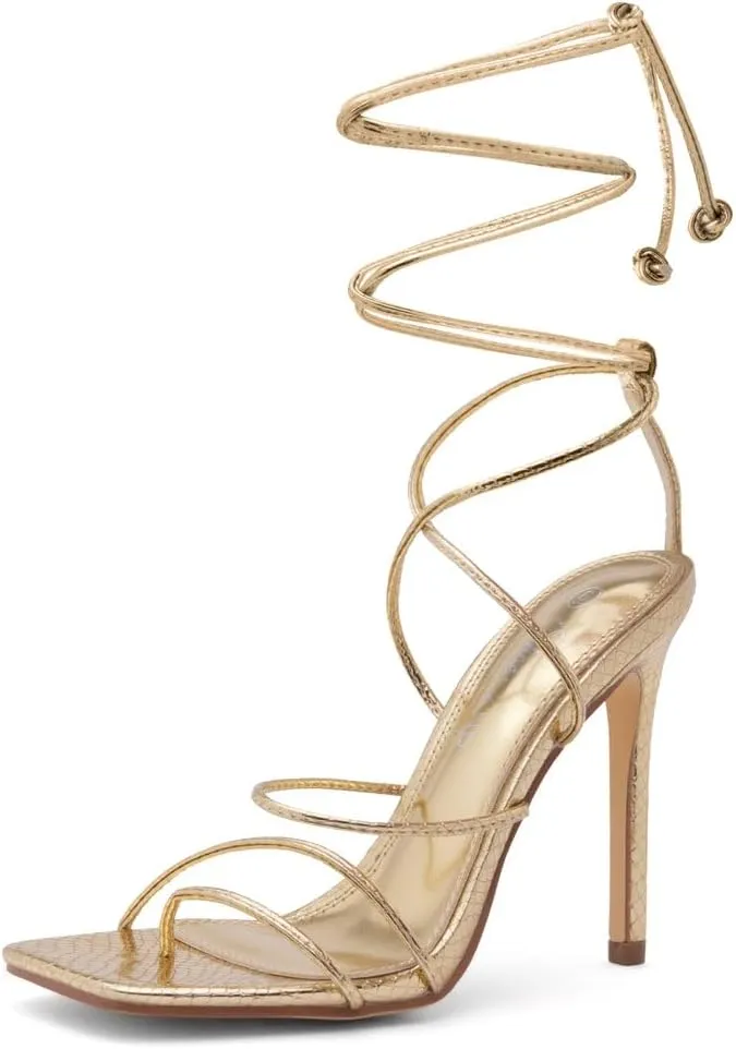 Shoe Land SL-Finely Women's Lace-Up Heels, Square Open Toe Ankle Wrap Tie-Up Heeled Sandals, 4-Inch Stiletto Strappy Dress Sandals for Party, Wedding, and Prom