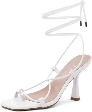 Shoe Land SL-Nadine Women's Lace-Up Heels, Square Open Toe Ankle-Wrapped Tie-Up Heeled Sandals, Dressy Stiletto Strappy Sandals for Prom, Party, and Wedding