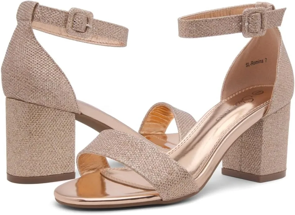 Shoe Land SL-Romina Womens Chunky Low Heels Open Toe Ankle Strap Block Heeled Sandals Prom Wedding Party Dress Shoes