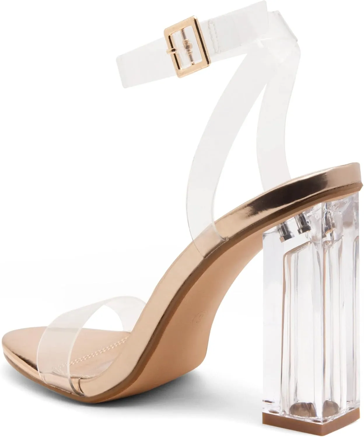 Shoe Land Womens SL-Cllaary Clear Heels Open Toe Ankle Strap Chunky Block Heeled Sandals Dress Pump Wedding Party Shoes