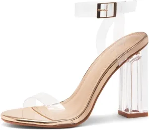 Shoe Land Womens SL-Cllaary Clear Heels Open Toe Ankle Strap Chunky Block Heeled Sandals Dress Pump Wedding Party Shoes