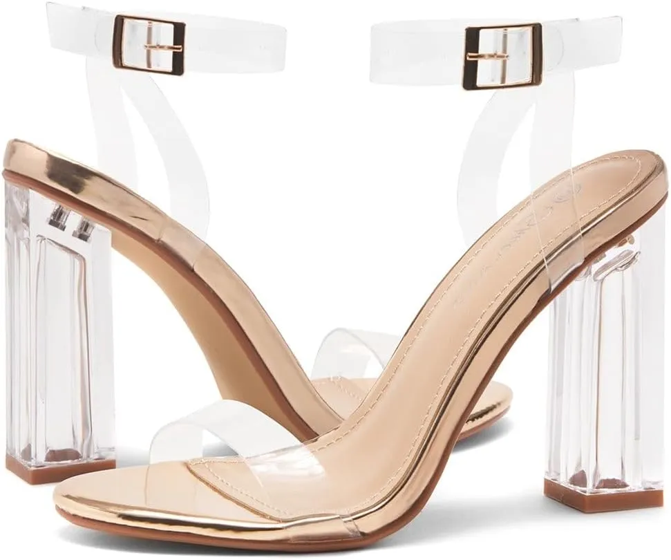 Shoe Land Womens SL-Cllaary Clear Heels Open Toe Ankle Strap Chunky Block Heeled Sandals Dress Pump Wedding Party Shoes