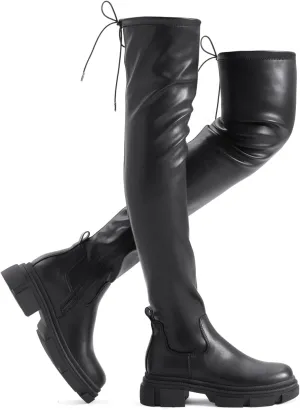 Shoe'N Tale Thigh High Knit Sock Boots Round Toe Mid Chunky Heel Stretch Over the Knee Boots for Women