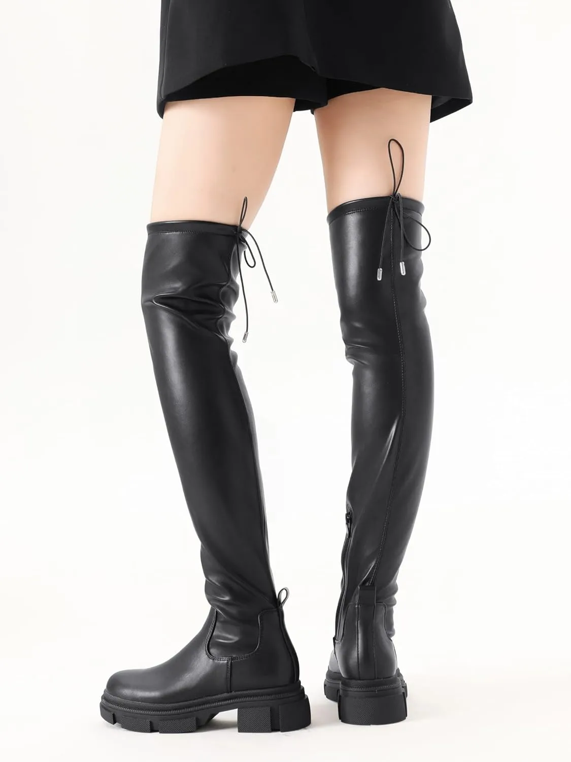 Shoe'N Tale Thigh High Knit Sock Boots Round Toe Mid Chunky Heel Stretch Over the Knee Boots for Women