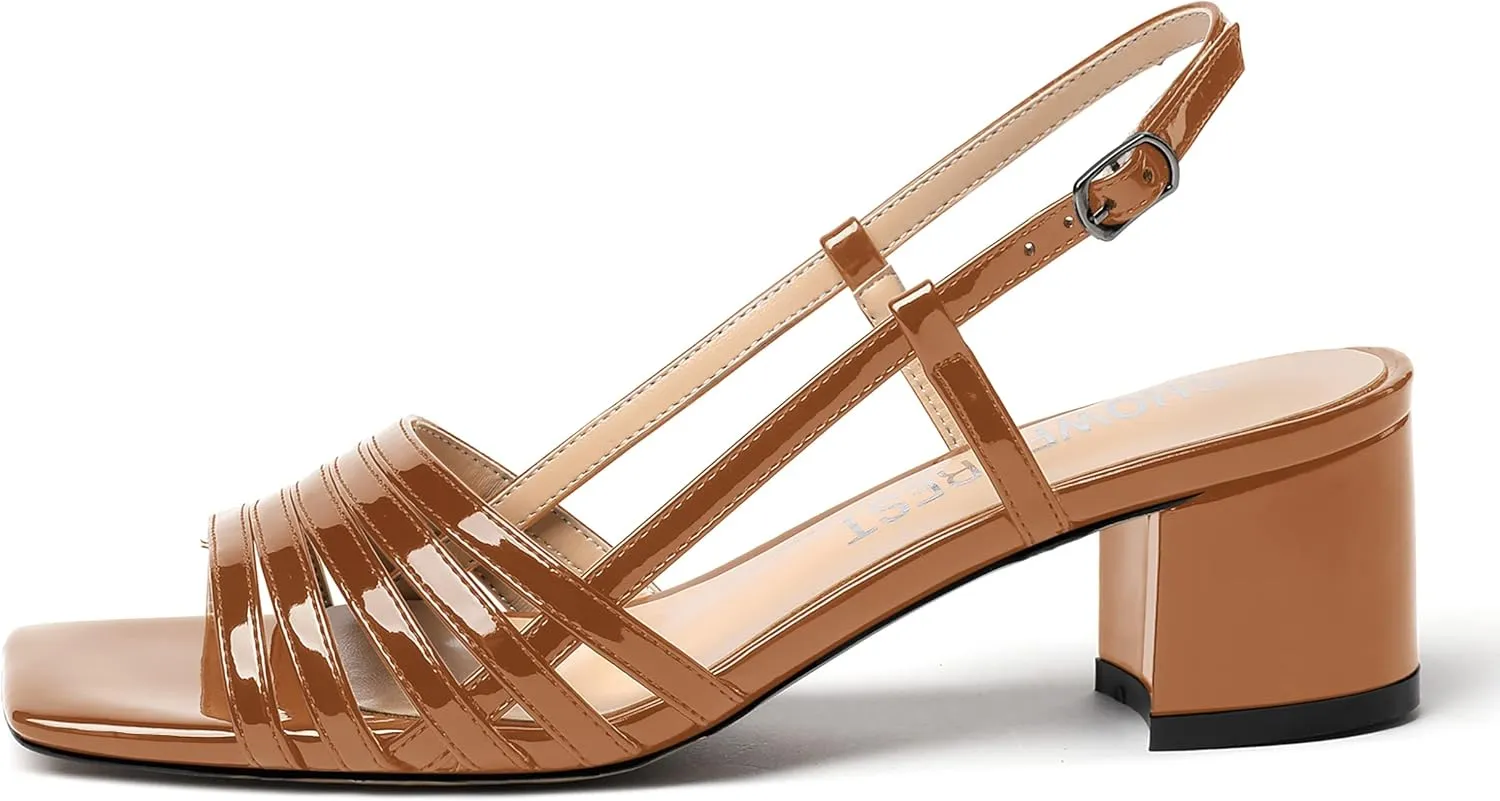 SHOWFOREST Women's Dress Square Open Toe Ankle Strap Slingback Patent Party Chunky Low Heel Sandals 2 Inch