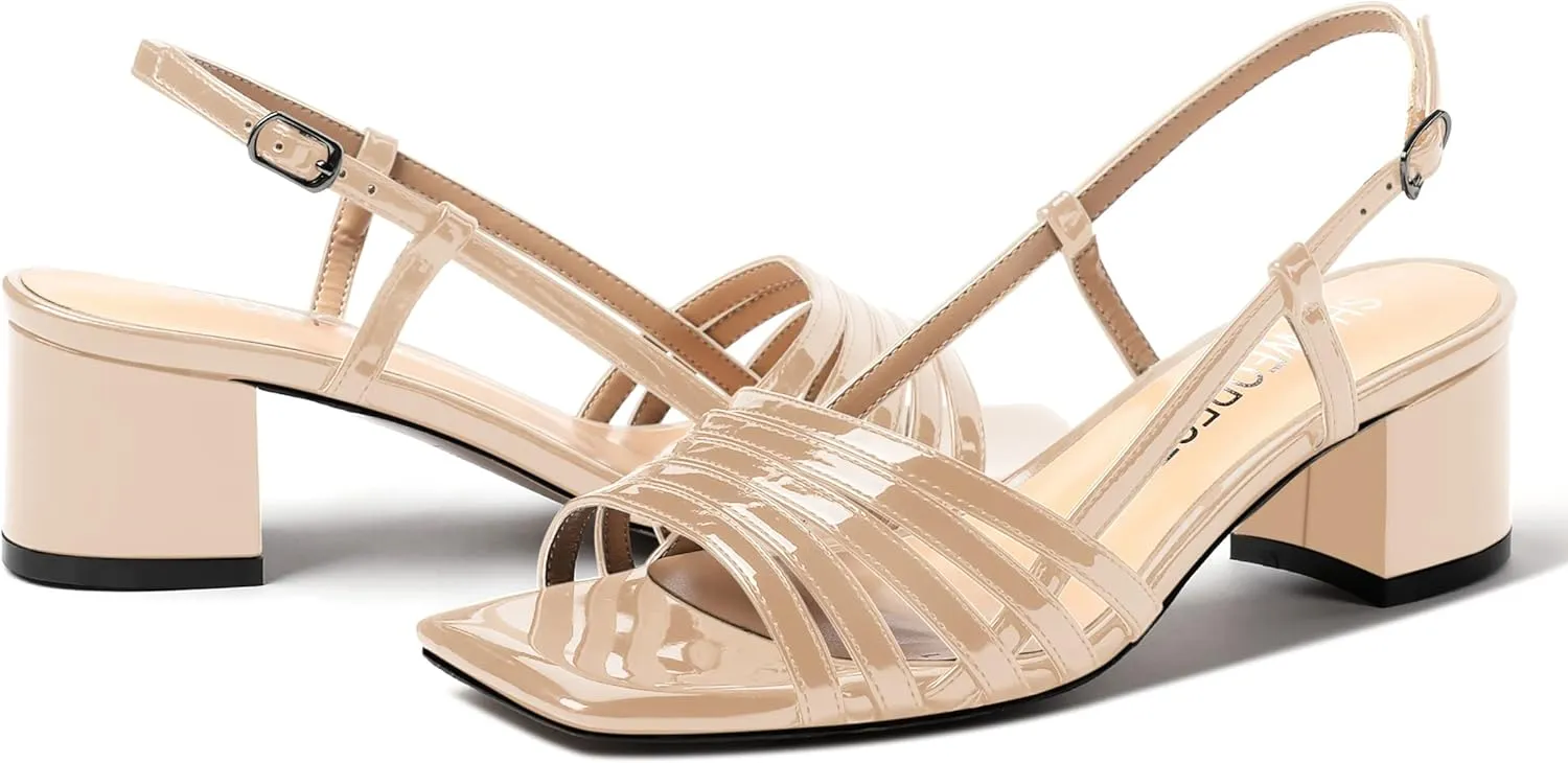 SHOWFOREST Women's Dress Square Open Toe Ankle Strap Slingback Patent Party Chunky Low Heel Sandals 2 Inch