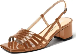 SHOWFOREST Women's Dress Square Open Toe Ankle Strap Slingback Patent Party Chunky Low Heel Sandals 2 Inch