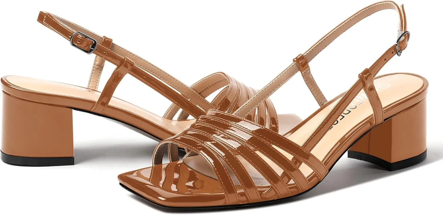 SHOWFOREST Women's Dress Square Open Toe Ankle Strap Slingback Patent Party Chunky Low Heel Sandals 2 Inch