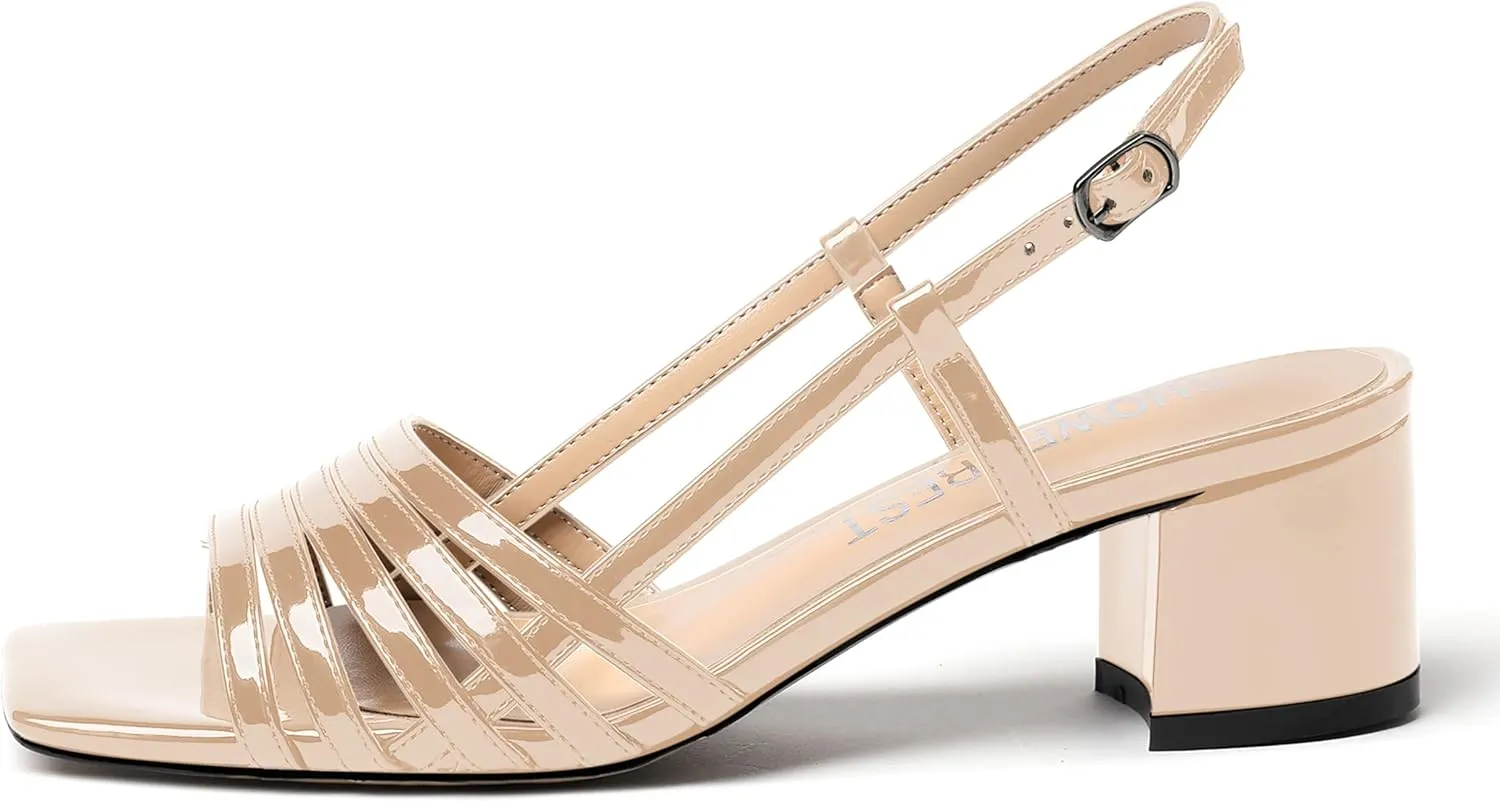 SHOWFOREST Women's Dress Square Open Toe Ankle Strap Slingback Patent Party Chunky Low Heel Sandals 2 Inch