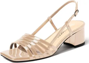 SHOWFOREST Women's Dress Square Open Toe Ankle Strap Slingback Patent Party Chunky Low Heel Sandals 2 Inch