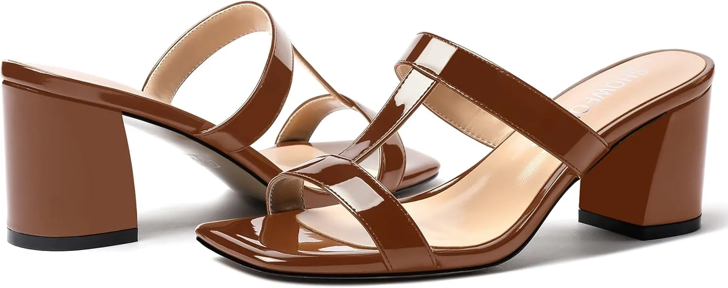 SHOWFOREST Women's Square Toe Patent Slip On Casual Chunky Mid Heel Heeled Sandals 2.5 Inch