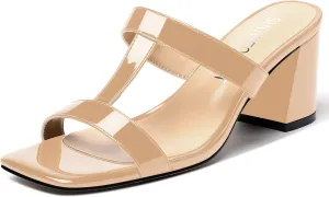 SHOWFOREST Women's Square Toe Patent Slip On Casual Chunky Mid Heel Heeled Sandals 2.5 Inch