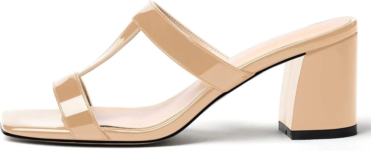 SHOWFOREST Women's Square Toe Patent Slip On Casual Chunky Mid Heel Heeled Sandals 2.5 Inch