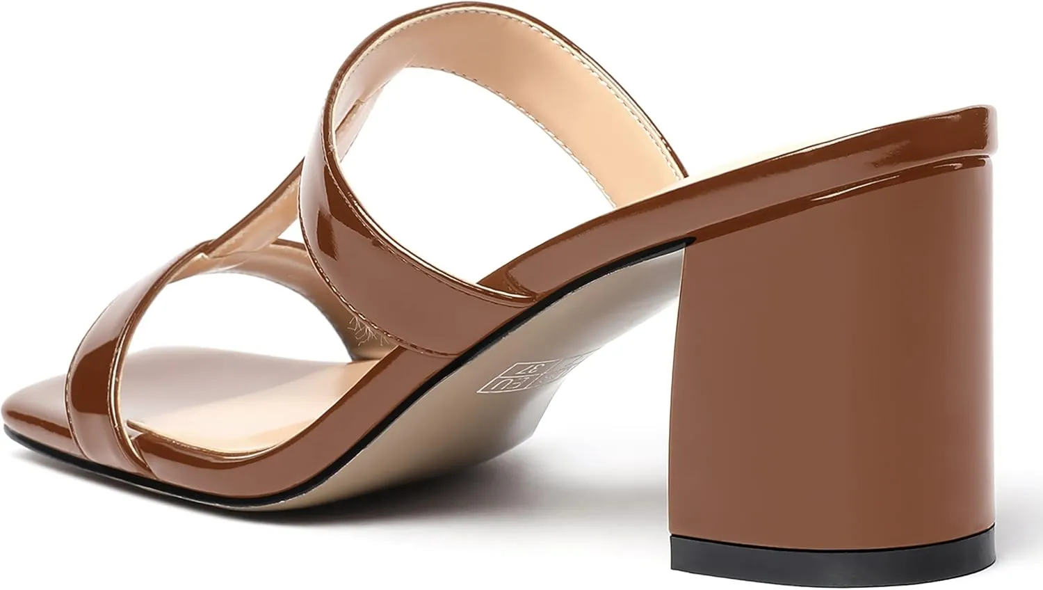 SHOWFOREST Women's Square Toe Patent Slip On Casual Chunky Mid Heel Heeled Sandals 2.5 Inch