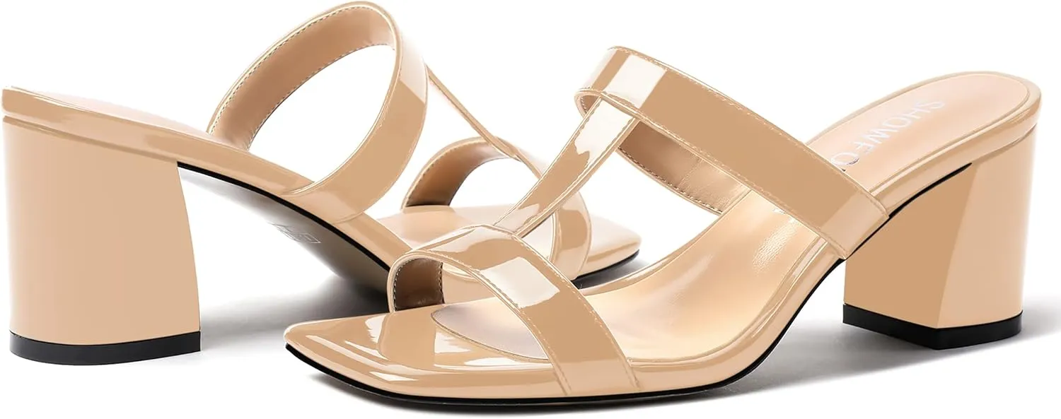 SHOWFOREST Women's Square Toe Patent Slip On Casual Chunky Mid Heel Heeled Sandals 2.5 Inch
