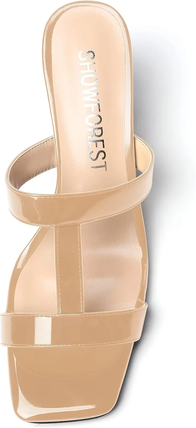 SHOWFOREST Women's Square Toe Patent Slip On Casual Chunky Mid Heel Heeled Sandals 2.5 Inch