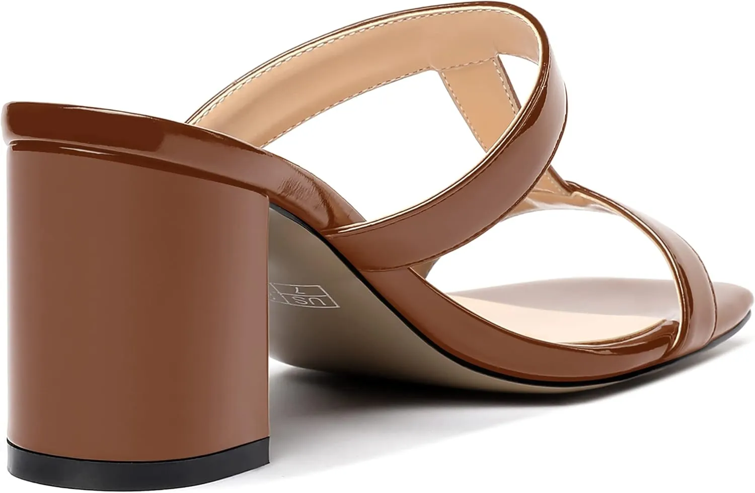 SHOWFOREST Women's Square Toe Patent Slip On Casual Chunky Mid Heel Heeled Sandals 2.5 Inch
