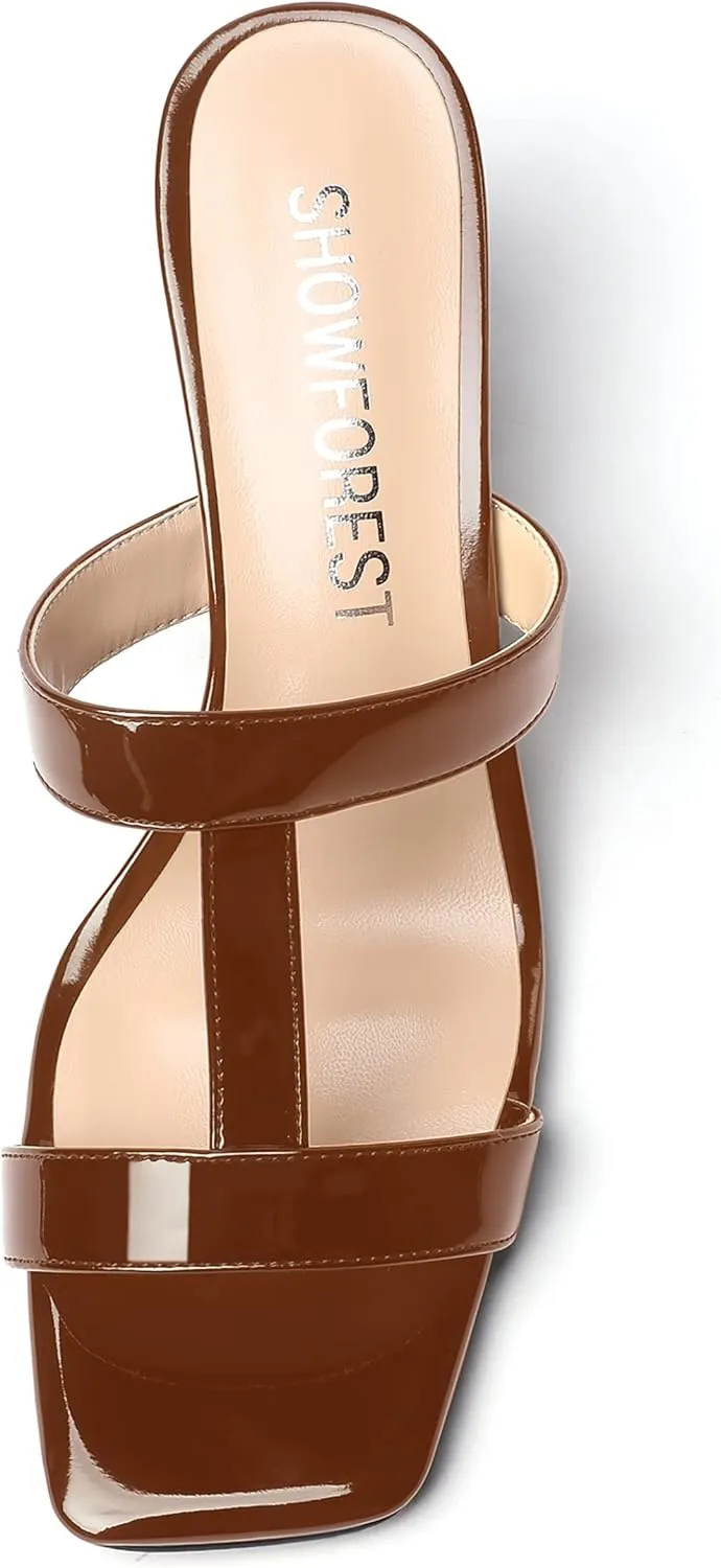 SHOWFOREST Women's Square Toe Patent Slip On Casual Chunky Mid Heel Heeled Sandals 2.5 Inch