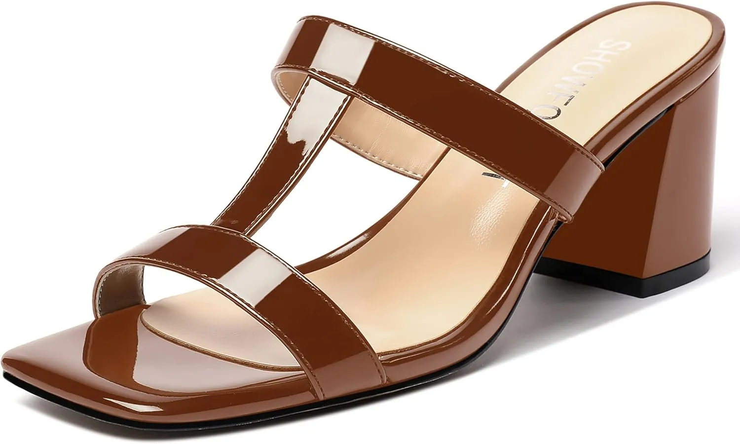SHOWFOREST Women's Square Toe Patent Slip On Casual Chunky Mid Heel Heeled Sandals 2.5 Inch